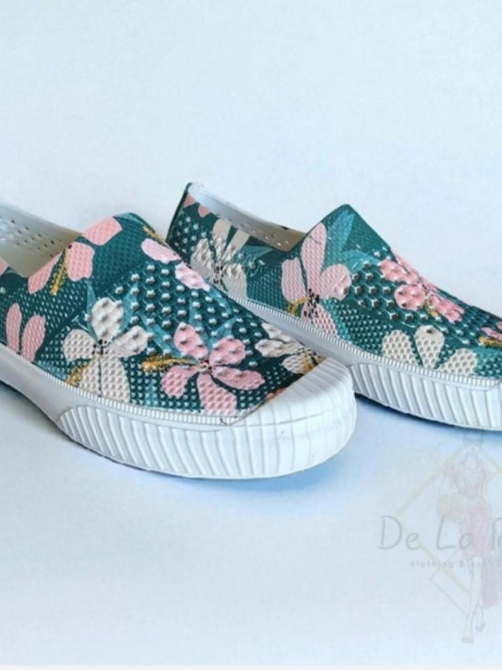 Layer 8 Teal and Pink Floral Slip-On Waterproof Sneakers
